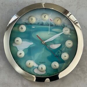 Golf course scene wall clock battery operated chrome 11" man‎ cave sports
